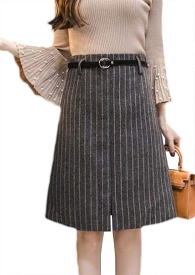 Amazon ミートン ラシャ ストライプ スカート レディース タイトスカート スリット 膝丈 秋冬 Aライン ハイウェスト ゆったり ファッション スカート 通販