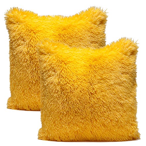 Chanasya Super Soft Long Shaggy Chic Fuzzy Fur Faux Fur Warm Elegent Cozy Yellow Throw Pillow Cover Pillow Sham - Solid Yellow Fur Throw Pillowcase 18x18 Inches 2-Pack(Pillow Insert Not Included)