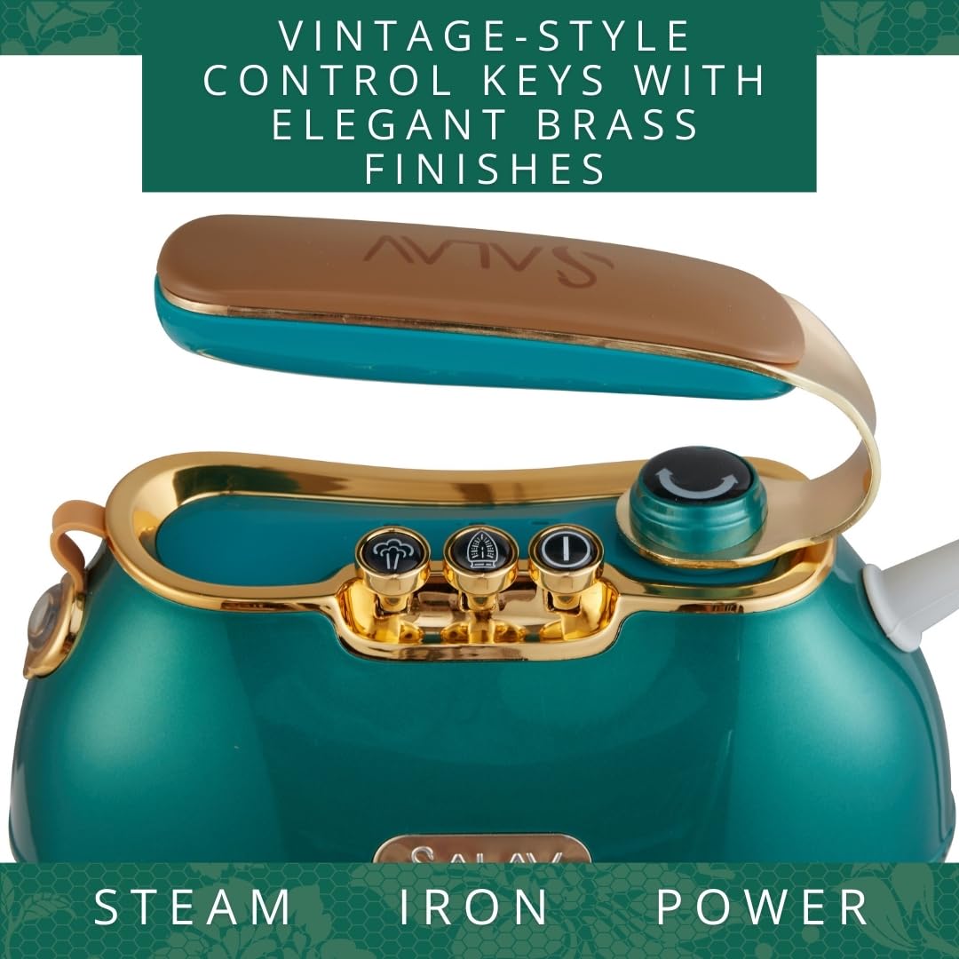 SALAV® Retro Edition Duopress Handheld Garment Steamer & Iron, Ceramic Plate, 1000W, No Drip Steam, Vertical & Horizontal Steam, Emerald - Removes Wrinkles & Refreshes Clothes, Vintage Style