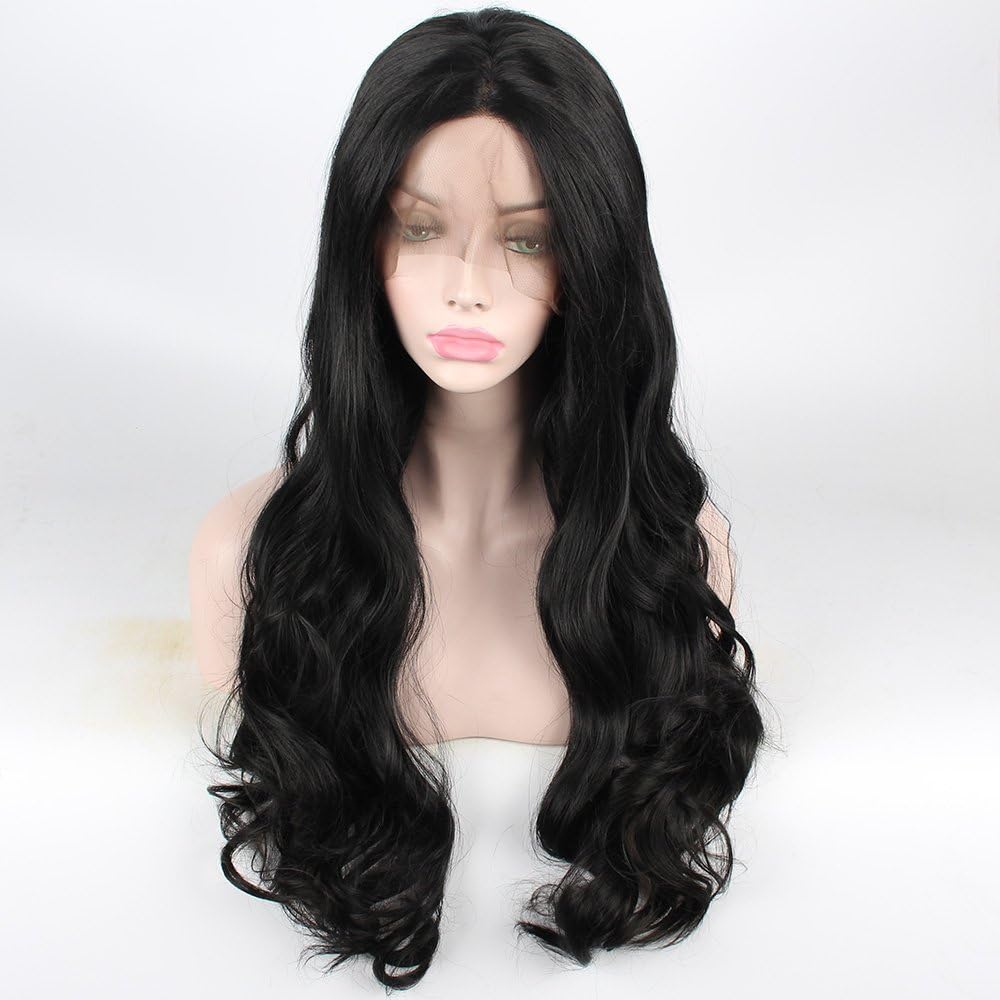 SHANDIREN Outdoor 250% High Density Loose Body Wave Synthetic Lace Front Wigs Baby Hair American Heat Resistant for Charming Women (24'' Black)