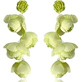 JOONL Bohemian Aesthetic Resin Green Silk Flowers Tassel Long Dangle Drop Earrings Statement Fabric Floral Fringe Stud Earrings for Women