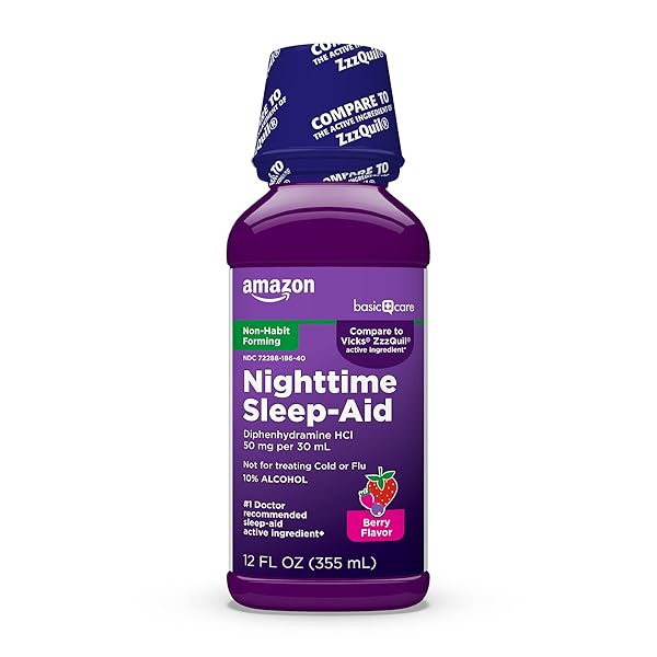 AMAZON BASIC CARE NIGHT TIME SLEEP-AID LIQUID FOR ADULTS, DIPHENHYDRAMINE HCL 50 MG, MIXED BERRY FLAVOR, PACKAGING MAY VARY, 12 FL OZ (PACK OF 1)