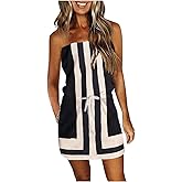 Summer Dress for Women Strapless Beach Cover Ups Boho Sundress Mini Dress Drawstring Waist with Pockets