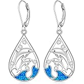 Dolphin Earrings for Women Sterling Silver Dolphins Dangle Earrings Summer Blue Opal Ocean Animal Nautical Christmas Gifts Jewelry