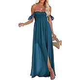 Happy Sailed Women's 2025 Summer Smocked Off The Shoulder Maxi Dresses Ruffle Short Sleeve A Line Side Slit Sundress