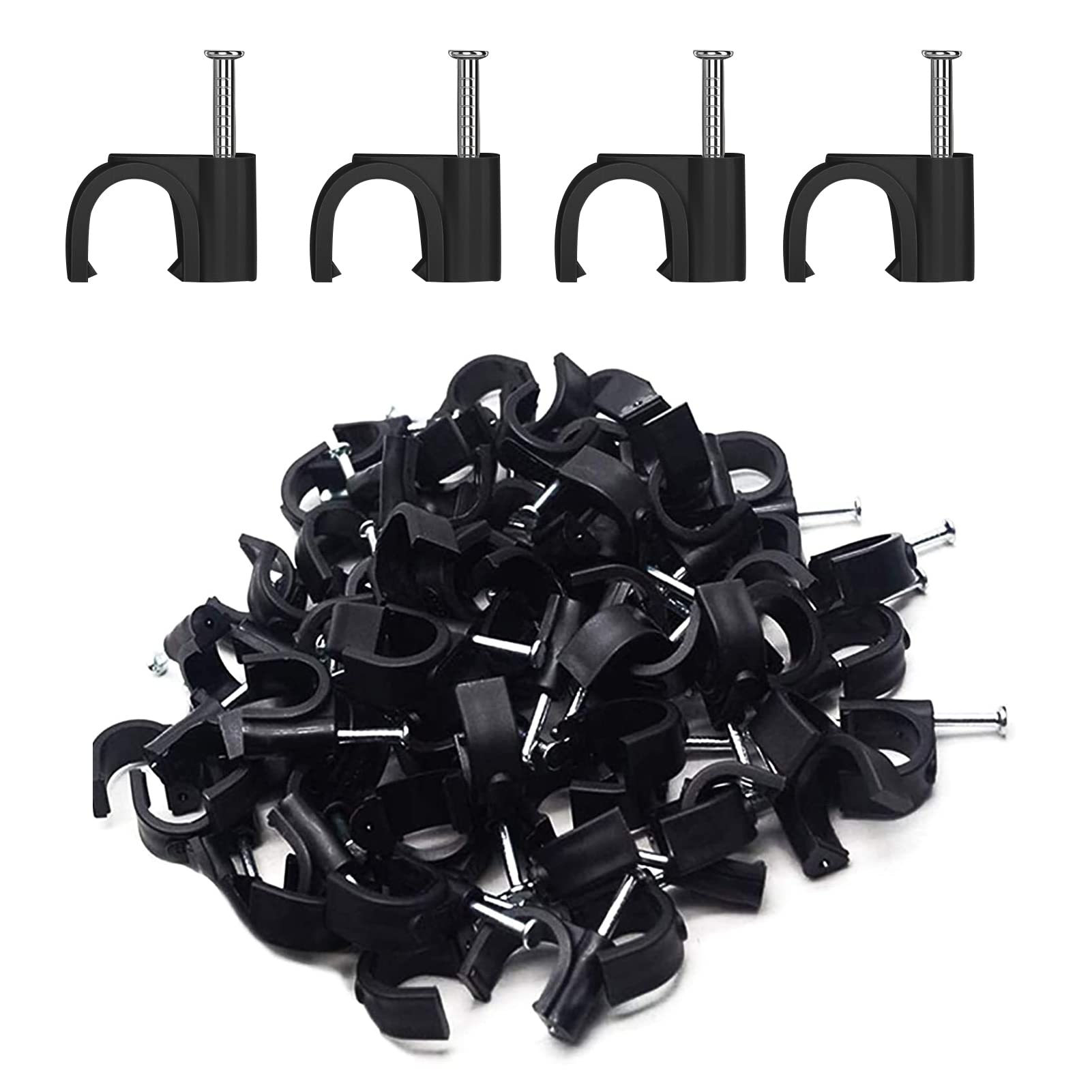 200 PCS 6mm Black Round Cable Clips - Management Cable Tidy Clips with Steel Nail