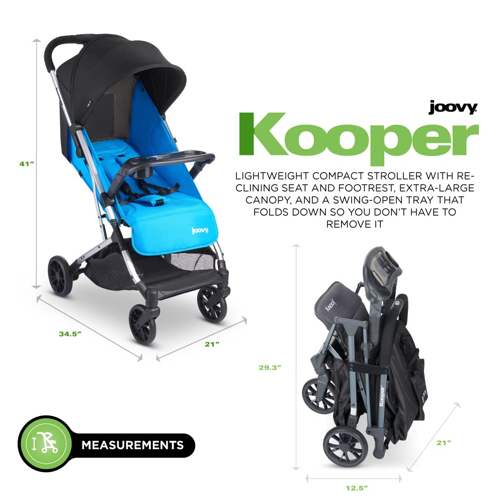 Joovy Kooper Lightweight Baby Stroller Featuring Removable, Swing-Open Tray, Big Wheels, Reclining Seat with Footrest, Extra-Large Retractable Canopy, and Compact Fold (Glacier)