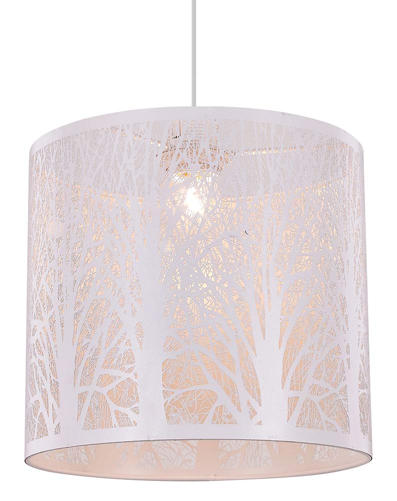 Unique and Beautiful Matt White Metal Forest Design Ceiling Pendant Shade When Lit The Light Escapes Through The Gaps and Casts The Forest Against The Walls and Ceiling by Happy Homewares