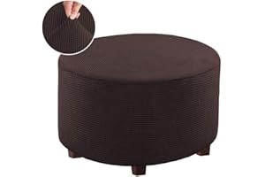 VIENLOVE Round Ottoman Slipcover Polyester Blend Footstool Protector Covers Stretch with Elastic Bottom Feature Textured Machine Washable Jacquard Fabric (Chocolate, Large Size)