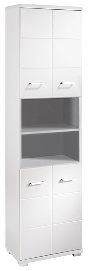 Homexperts Badezimmer Hochschrank NUSA 50 cm breit / Eleganter Badschrank mit Hochglanz Weiß lackierter Front / 4-türiger Bad