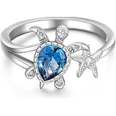LOVGIFSET Turtle Ring Sea Turtle Rings for Women Sterling Silver Starfish Blue Topaz Ocean