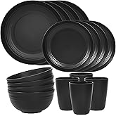 Quatish 16 Piece Plates and Bowls Sets for 4, Unbreakable Dinnerware Sets, Plastic Dish Set for Camping, Dishwasher Microwave Safe, Outdoor Kitchen and Apartment Dinning RV Essentials, Black