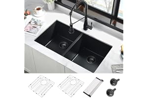 32 Inch Black Kitchen Sink Undermount-iAnomla 32x18 Inch Double Bowl Kitchen Sink 50/50 Black Quartz Composite Undermount Kitchen Sink