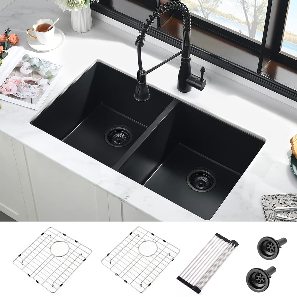 Photo 1 of 32 Inch Black Undermount Kitchen Sink Double bowl-iAnomla 32x18 Undermount Double Bowl Kitchen Sink Matte Black Quartz Composite 50/50 Under Mount Sinks with Accessories
