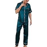GAESHOW Mens Silk Pajama Set, Short Sleeve Silk Satin Pajamas for Men Soft Mens Loungewear Sets 2 Piece Button Down Pjs Set