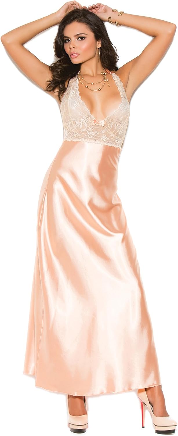 Hot Spot Women's Lace Charmeuse Halter Neck Gown: Clothing
