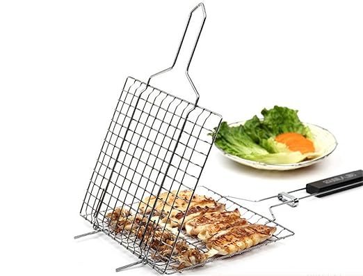RoseFlower BBQ Steak Grillkorb Fischgriller Fischbräter Fischhalter Gemüsehalter Grillwender aus Edelstahl Grill-Korb mit Gri