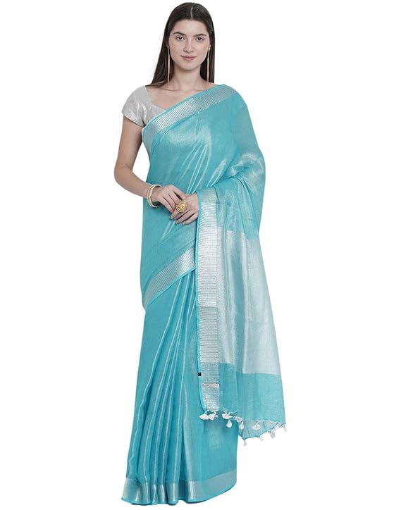 Blue Tissue Linen Saree With Silver Zari Border Running Blouse Piece For Women Latest Designe