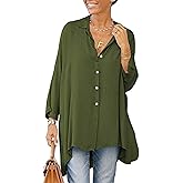 Aoysky Womens Oversized T Shirts Button Down Long Sleeve Shirt V Neck Collar Loose Flowy Blouse