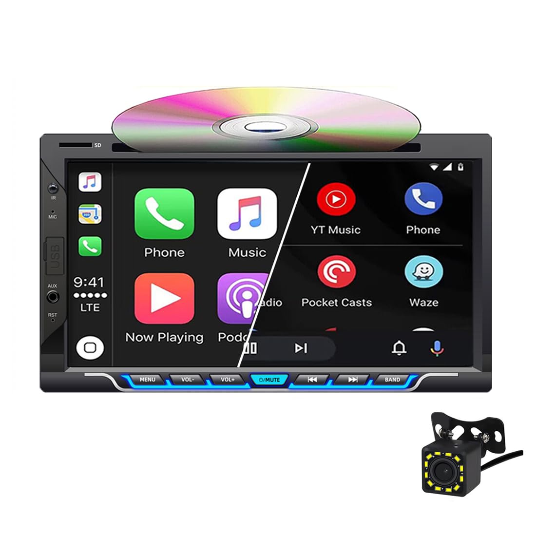 Double Din Car Stereo with CD/DVD Player, Wireless CarPlay & Android Auto 7 inch Touch Screen Car Radio Support Bluetooth AM/FM Mirror Link USB/TF/AUX Input+Backup Camera