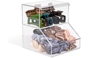 Inevibe Hair Tie Holder & Bows Organizer - 2 Compartment Acrylic Container w/Lids for Storing Bracelets, Headbands, Claw Clips & Accessories for Bathroom & Countertop Display