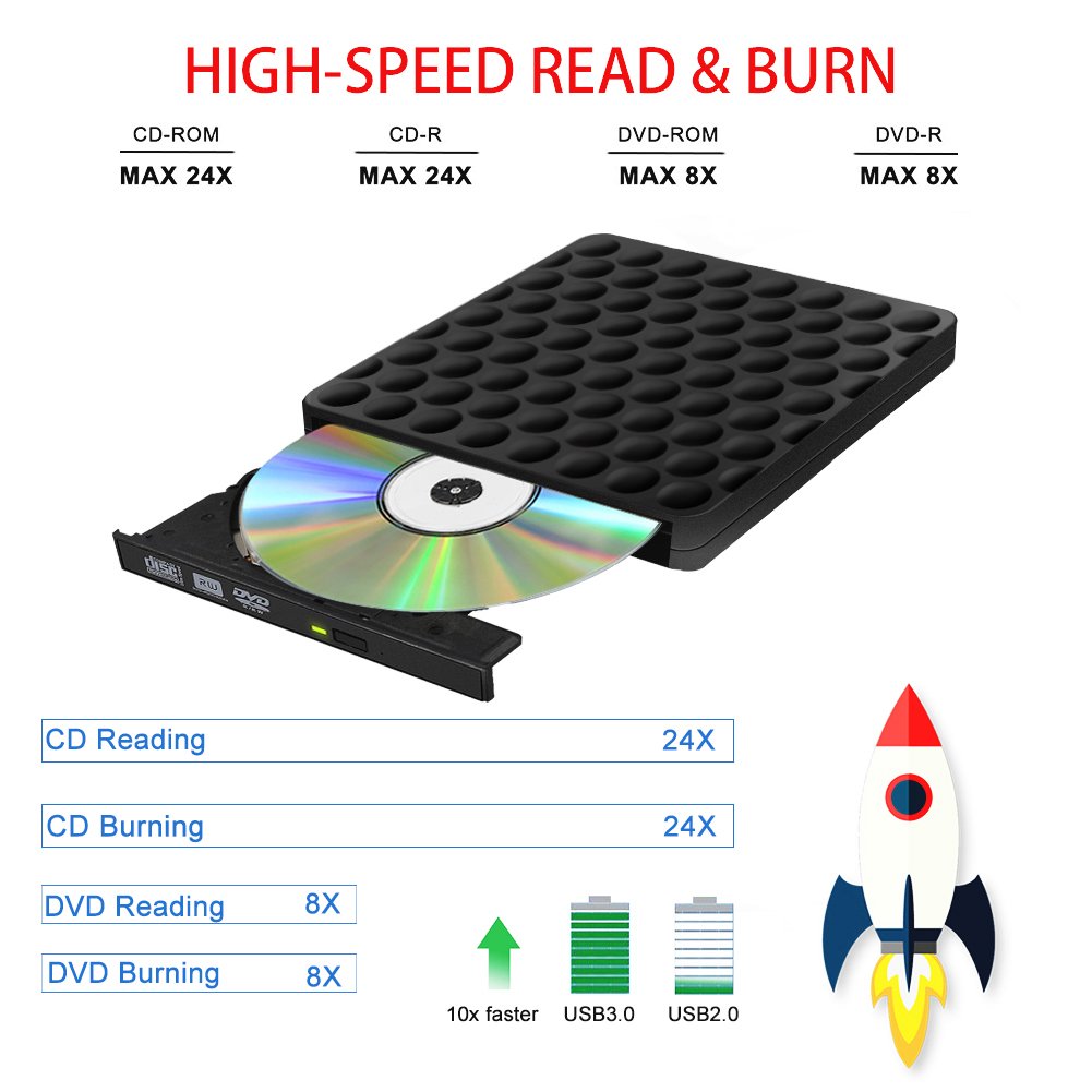 Grabadora CD DVD Externa Lector, USB 3.0 Portátil de DVD óptica RW ROW Reader Writer Player para PC Windows de Mac OS 10 7 8 XP Vista