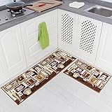 Carvapet 2 Piece Non-Slip Kitchen Mat Rubber Backing Doormat Runner Rug Set, Coffee Design (Brown 15"x47"+15"x23")