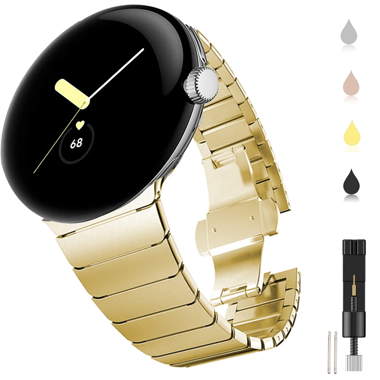 Miimall Metal Strap for Google Pixel Watch 4/3/2/1 41mm Band, Solid Stainless Steel Adjustable Band With Butterfly Clasp Replacement Bracelet Wristband for Pixel Watch 4 41mm-Gold