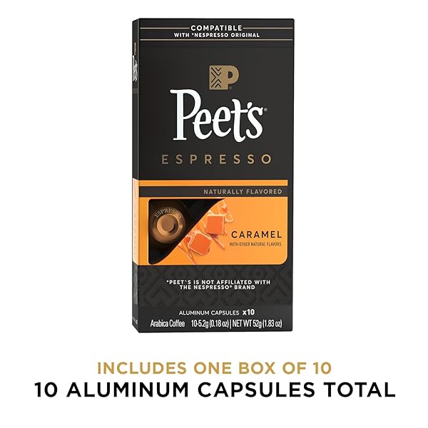 PEET’S COFFEE, DARK ROAST ESPRESSO CAPSULES COMPATIBLE WITH NESPRESSO ORIGINAL MACHINE, CARAMEL 10 COUNT (1 BOX OF 10 ESPRESSO CAPSULES)