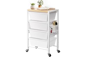 TIME FOREST Rolling Cart with 4 Drawers, Plastic Drawer Storage Carts with Lockable Wheels & Wooden Tabletop, Metal Utility Cart with Pegboards & Hooks, Office Living Room Craft Organization and Storage, White