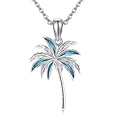 URONE Palm Tree Necklace 925 Sterling Silver Coconut Tree Turquoise Pendant Necklace Tropical Palm Beach Jewelry Gifts for Women