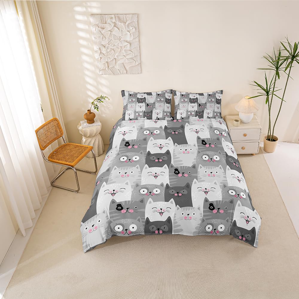 Loussiesd Cartoon Cat Duvet Cover for Little Girls Kids Bedroom Child Cute Animals Printed Comforter Cover Modern Fashion Pet Bedding Kitten Lovely Fat Face Quilt Cover Decor 3 Pcs Double — image 1