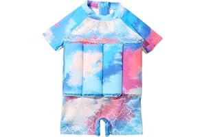 ABEHIK Boy Girls One-Piece Floatation Swimsuit Summer Short Sleeve Bathing Suits with Adjustable Buoyancy Float Suit Swimwear