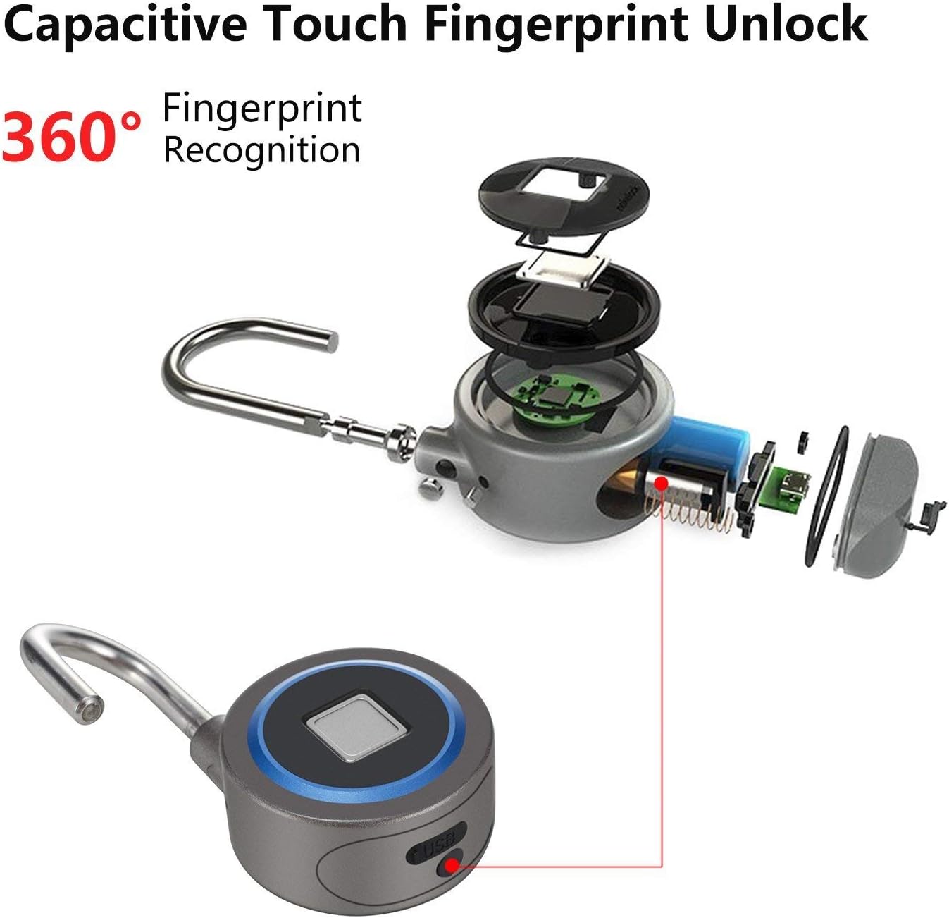 Fingerprint Padlock, Bluetooth Connection Metal Waterproof, Suitable for House Door, Suitcase, Backpack, Gym, Bike, Office, APP is Suitable for Android/iOS, Support USB Charging - - 