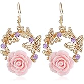 Vintage Flower Earring for Women,Bohemian Rose Petals Dangle Drop Earrings Creative Resin Acrylic Butterfly Hoop Earring Dimensional Lever Earrings Wedding Brides Ear Jewelry