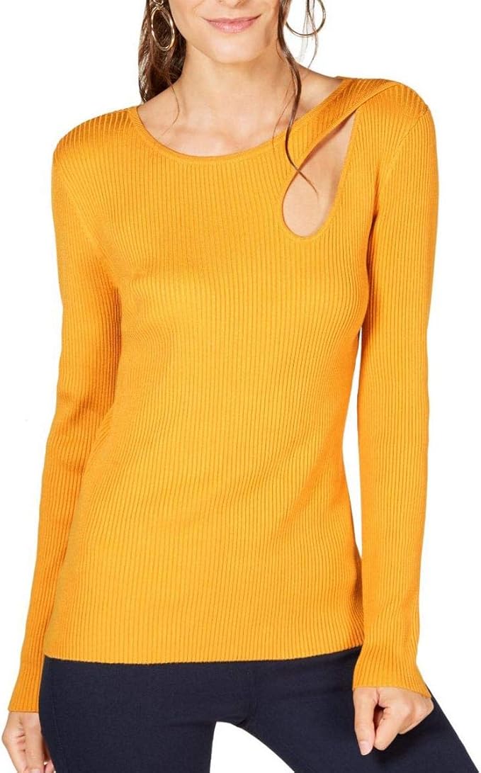 INC Women's Sweater Polished Large Pullover Cutout Ribbed Yellow L at
