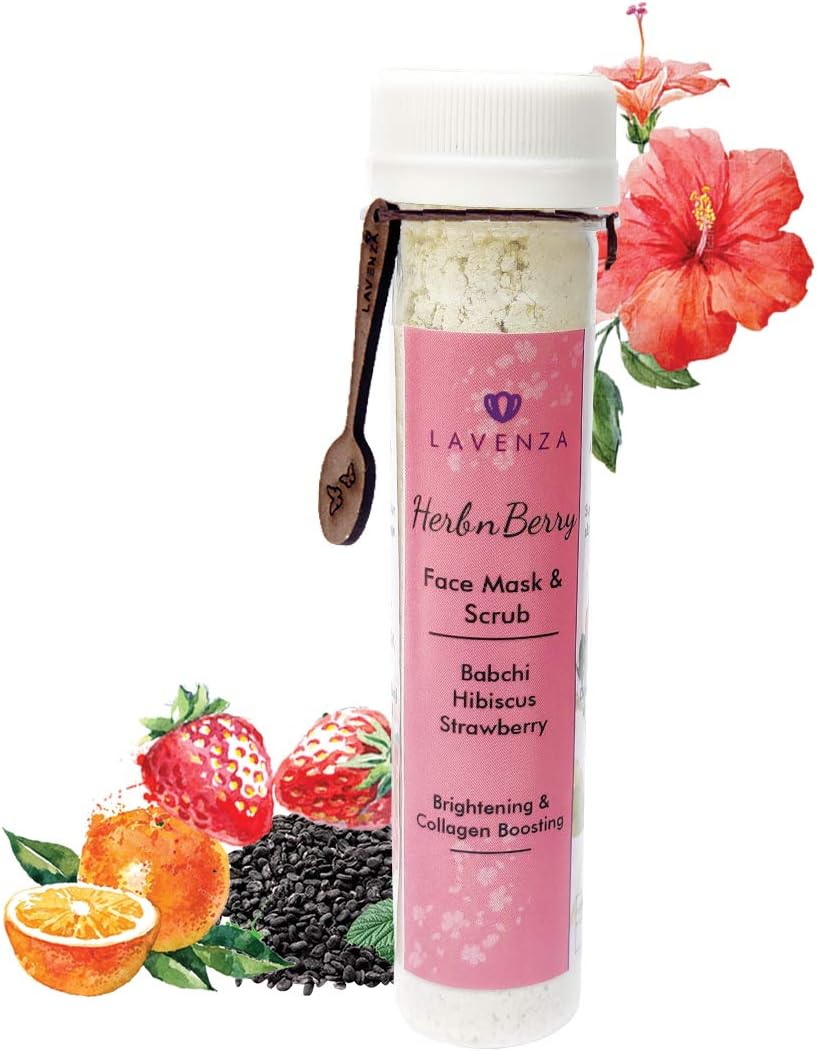 Lavenza Herb n Berry - Face mask Cleanser 30 gms | 100% Natural, Preservative free | Oats, Strawberry, Hibiscus, & Babchi | Skin Brightening | All skin type