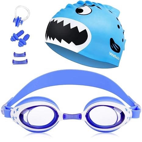 MOSFiATA Schwimmbrille Kinder, Schwimmbrillen Taucherbrille UV-Schutz Anti-Fog verstellbar,elastische Badekappe + Ohrstöpsel 