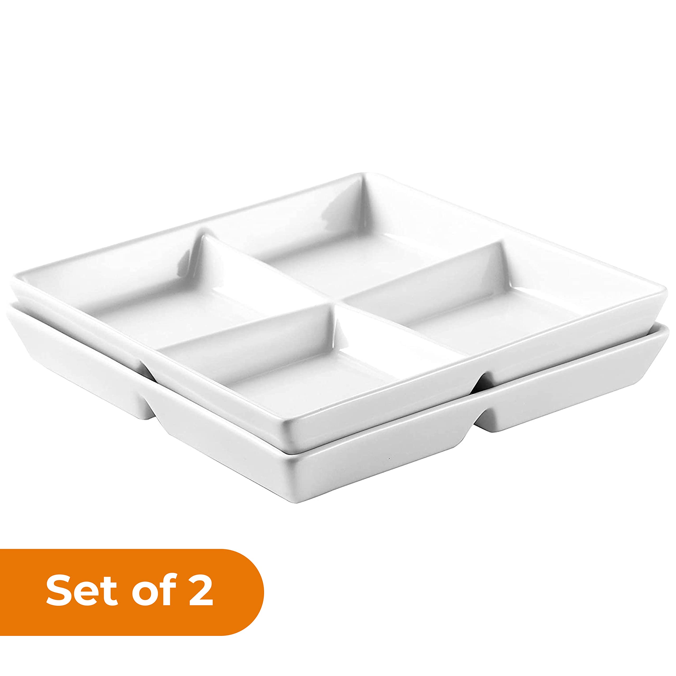 Bruntmor Snacks Dinner Serving Tray Dish in White |10 x 10 inch Set of 2 Decorative Ceramic Appetizer 4 -Compartment Serving Platter Tray | Chafing Dish | Serving Dishes