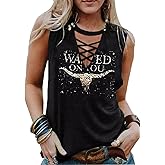 Wasted On You Steer Skull Criss-Cross Hollow Out Tank Tops Women Western Cowboy Rodeo Shirt Tops Country Music Tank Tops