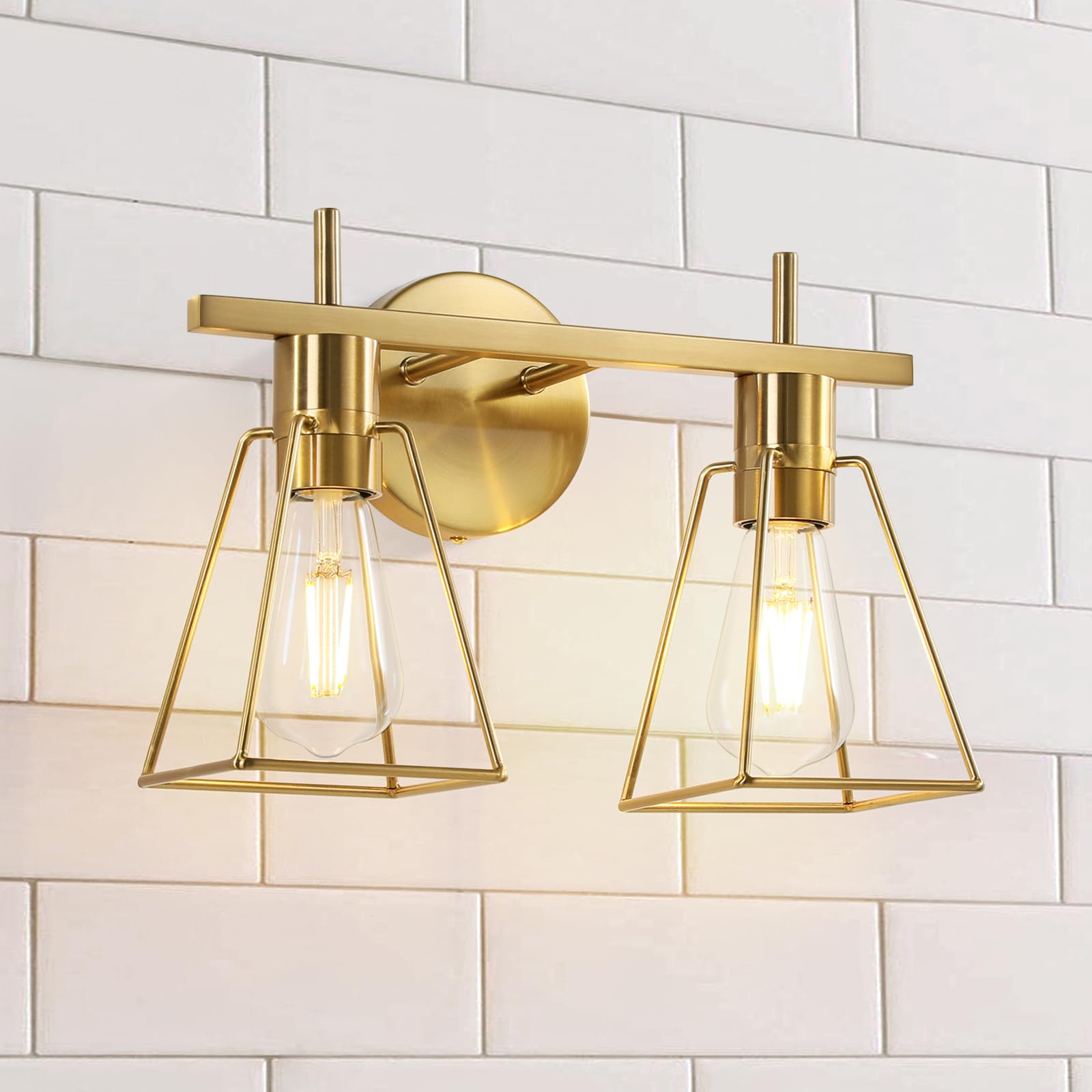 Photo 1 of HAHZT Industrial Bathroom Vanity Lights: 2-Lights Brush Gold Vintage Metal Cage Wall Sconces - Rustic Farmhouse Lightning Fixture Over Mirrors Cabinet for Dressing Hallway