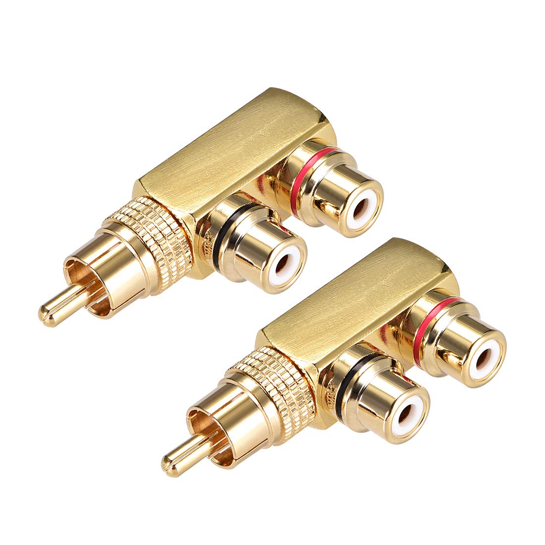 sourcing map RCA Male to 2 RCA Female Connector Stereo Audio Video Splitter Adapter Coupler Gold-plated Brass 2Pcs