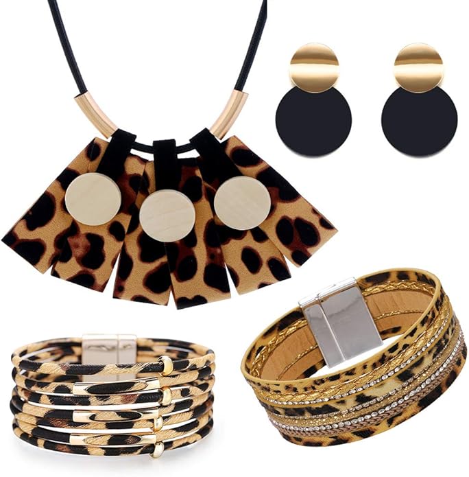maytry 4 Pieces of Leopard Print Jewelry Set Fashion Golden Classic Leopard Print FanShaped