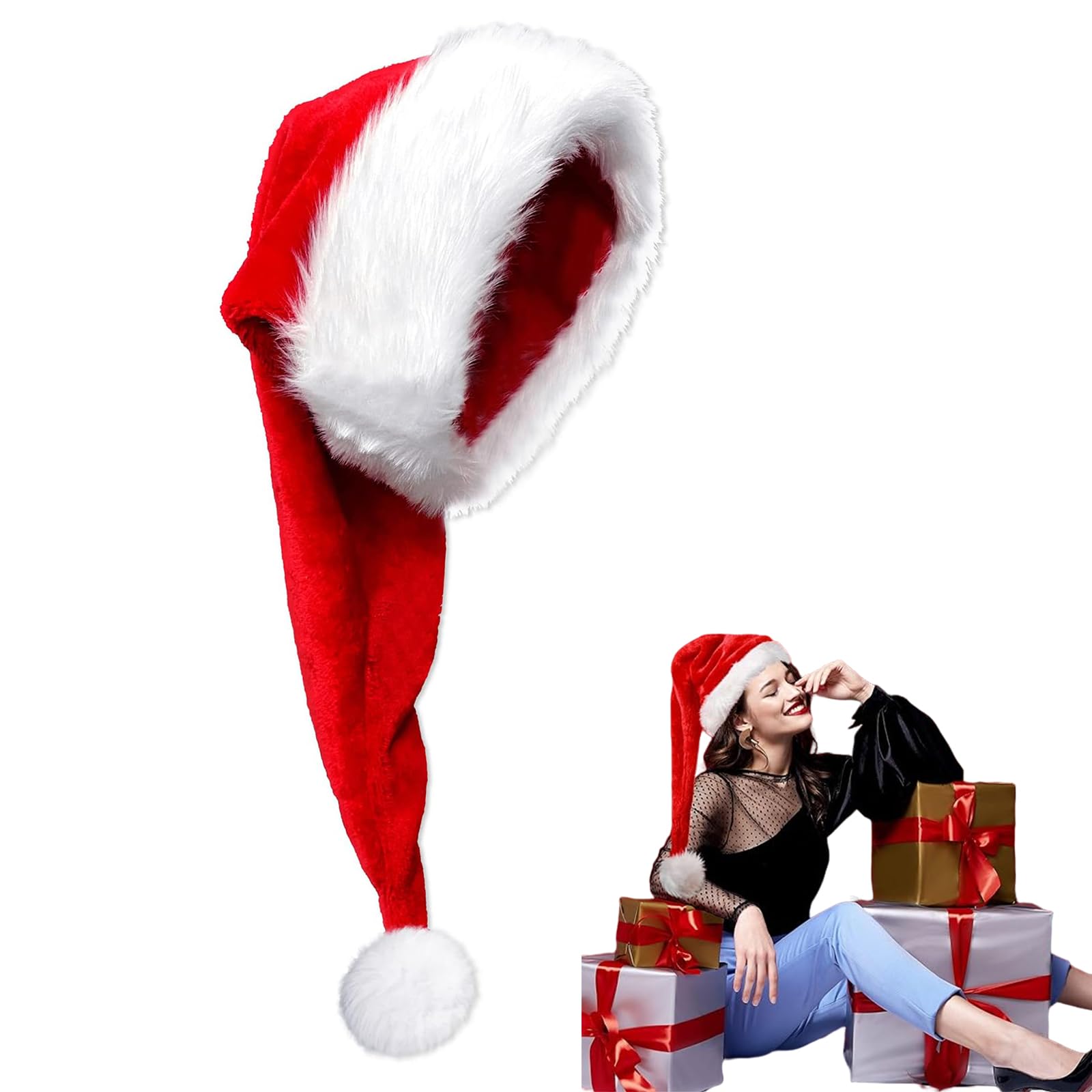 Extra Long Red Santa Hat Christmas Hats 30*75cm for Kids,Adults,Classic Xmas Hat Plush Santa Claus Hat,Unisex Velvet Father Christmas Hat Costume,Christmas Party Hat Cap for Xmas New Year Party