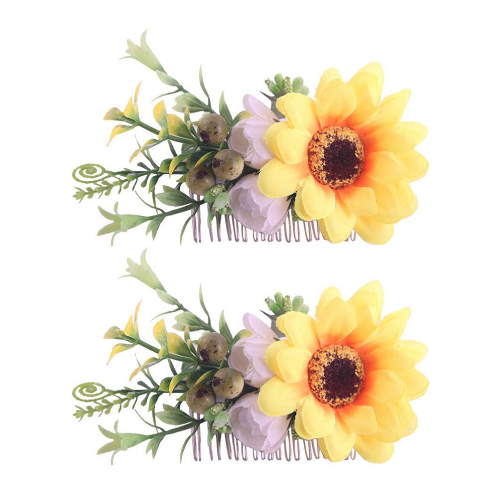 Beaupretty 2pcs Sunflower Hair Comb Bridal Hairpin Wedding Veil Comb Headpiece Floral Hair Clip Headdress for Women with Thick, Long Hair, Yellow