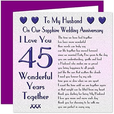 My Husband 45th Wedding Anniversary Card On Our Sapphire Anniversary 45 Years Sentimental Verse I Love You Amazon Co Uk Office Products