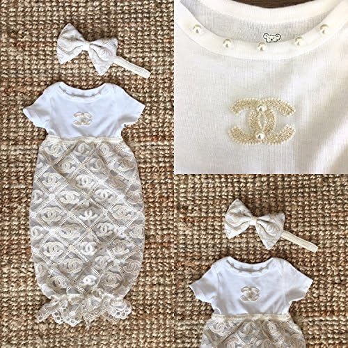 Handmade Baby lace Gown Dress with Peals detail &amp; Head band - Chanel Inspired