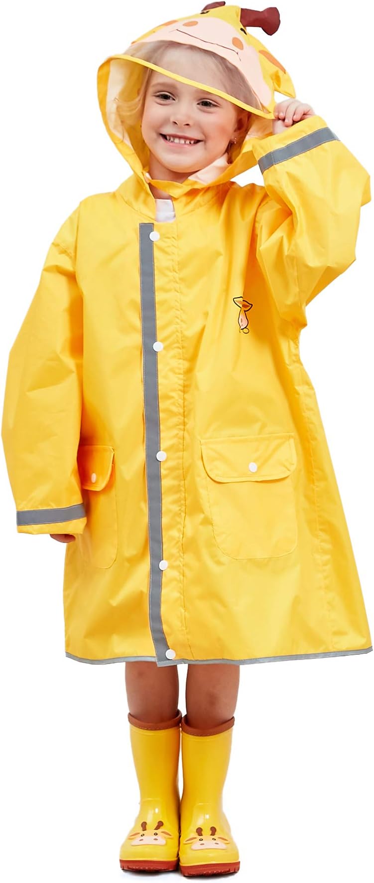 Boys Girls Rain Poncho Hooded Kids Waterproof Reflective Raincoat Breathable Cute Animal Pattern with Adjustable Waist Windproof Cuff 2-10 Years