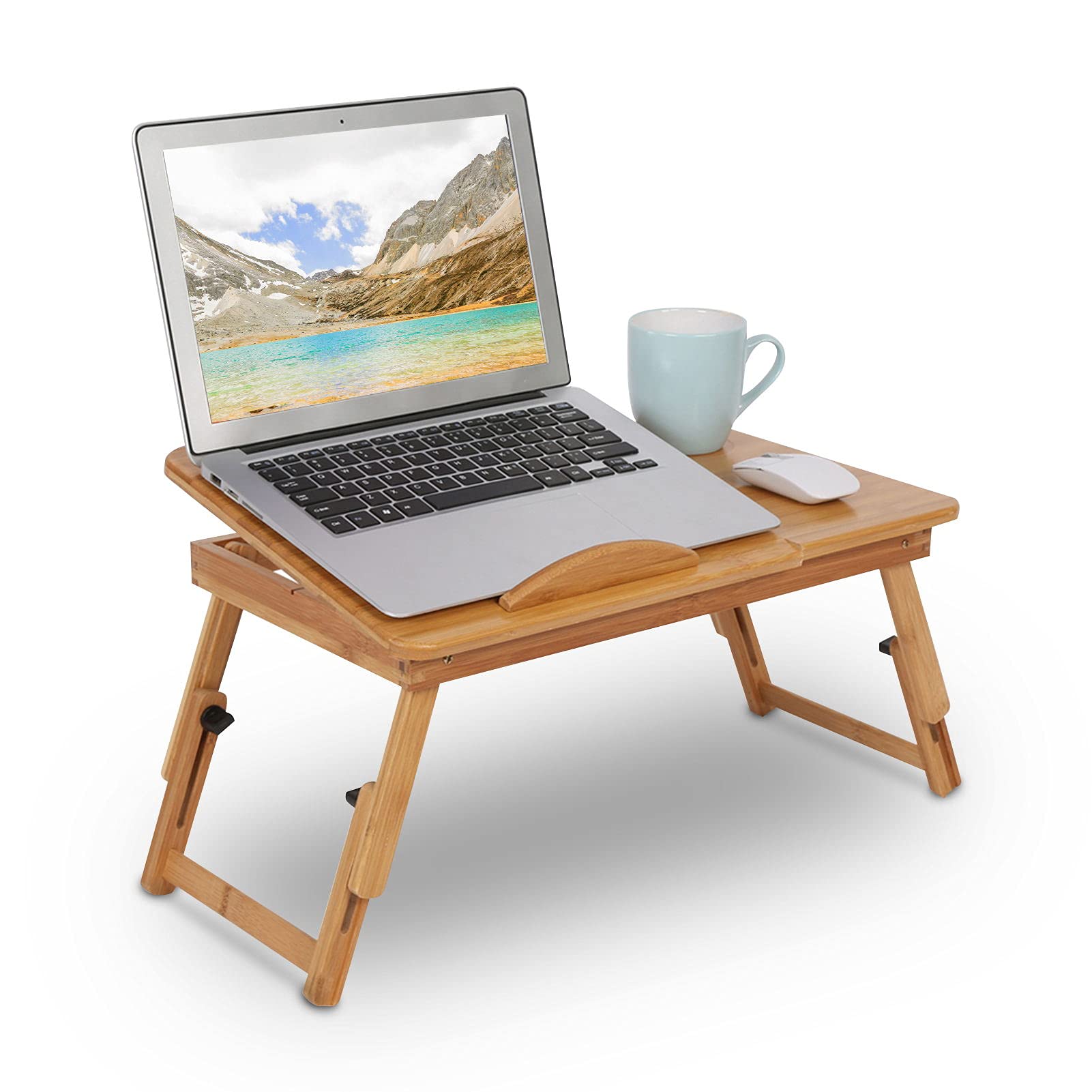Bamboo Laptop Bed Table, Foldable Bed Table, Breakfast Serving Tray Height, Width & Angle Adjustable, Portable Bed Tray Notebook Stand with Drawer for 14-inch Laptops, 50x30x20cm