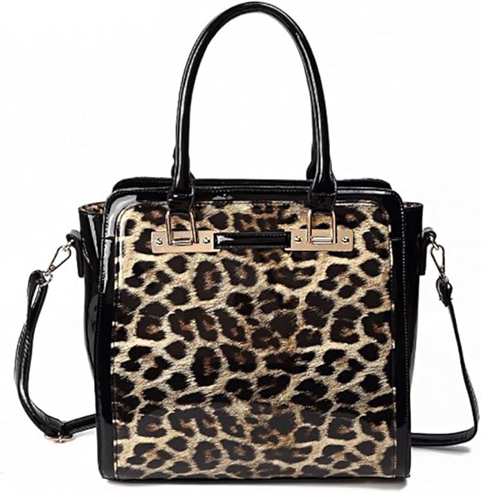 Leopard Patent Leather Retro Inspired Satchel Handbag Purse (Black
